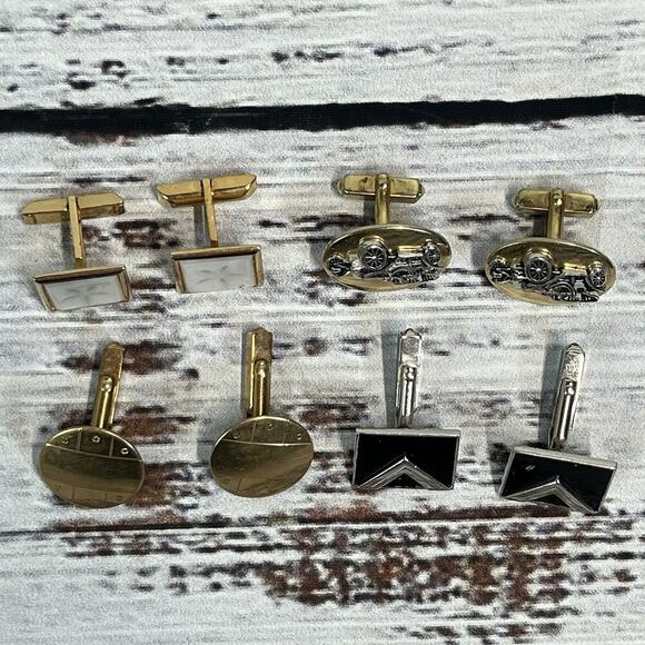 Vintage Set of 4 Mens Cufflinks Antique Cars Circles Mother of Pearl Gold Silver - Picture 2 of 10